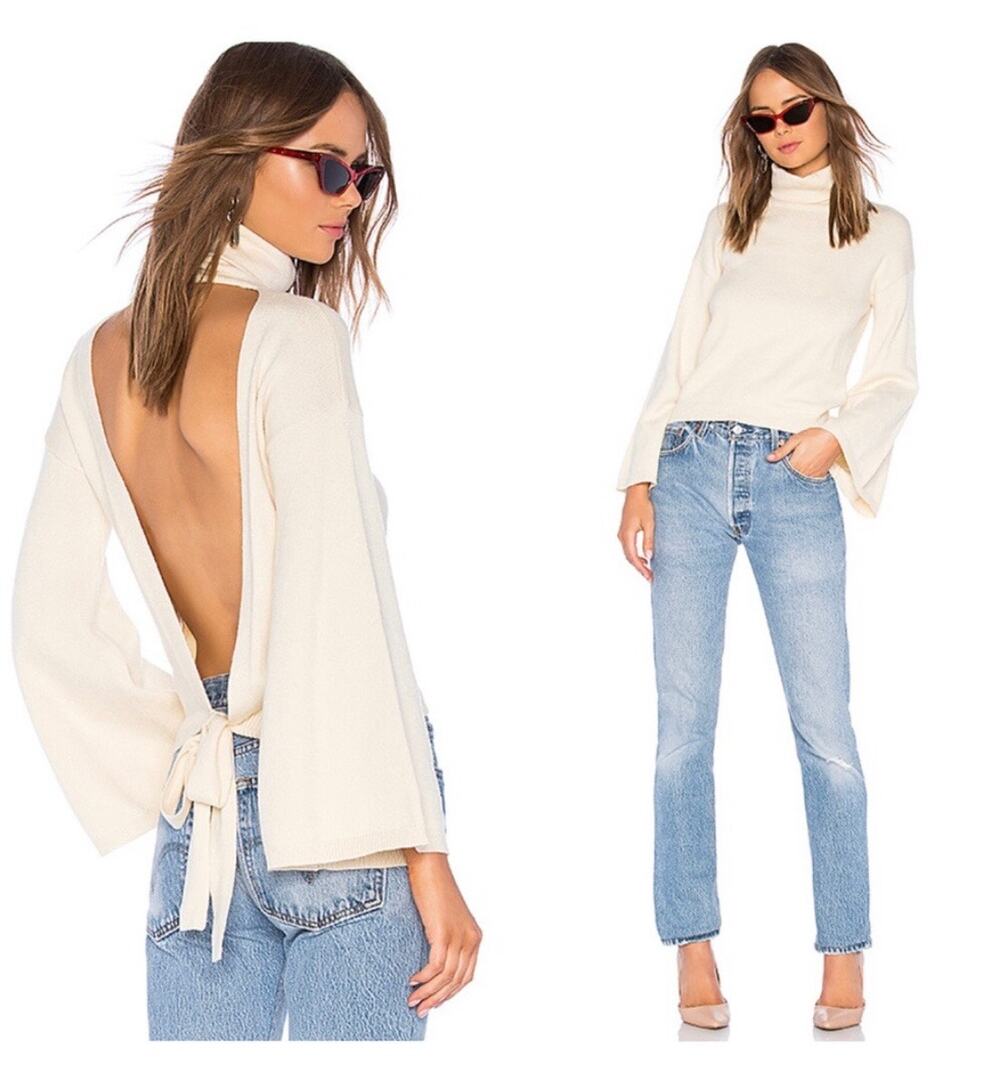 LPA Revolve Cybil Sweater in Cream Size XL Open Back Bell Sleeve Knit Turtleneck